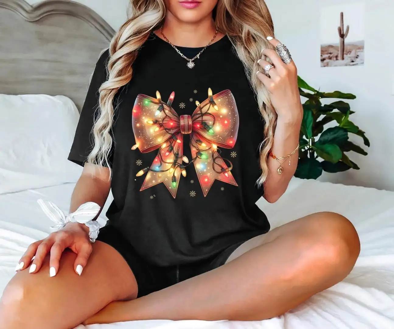 Christmas Light Bow Shirt Coquette Style Gift