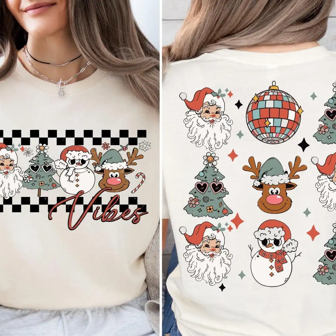 Vintage Christmas Shirt with Santa and Tree Design