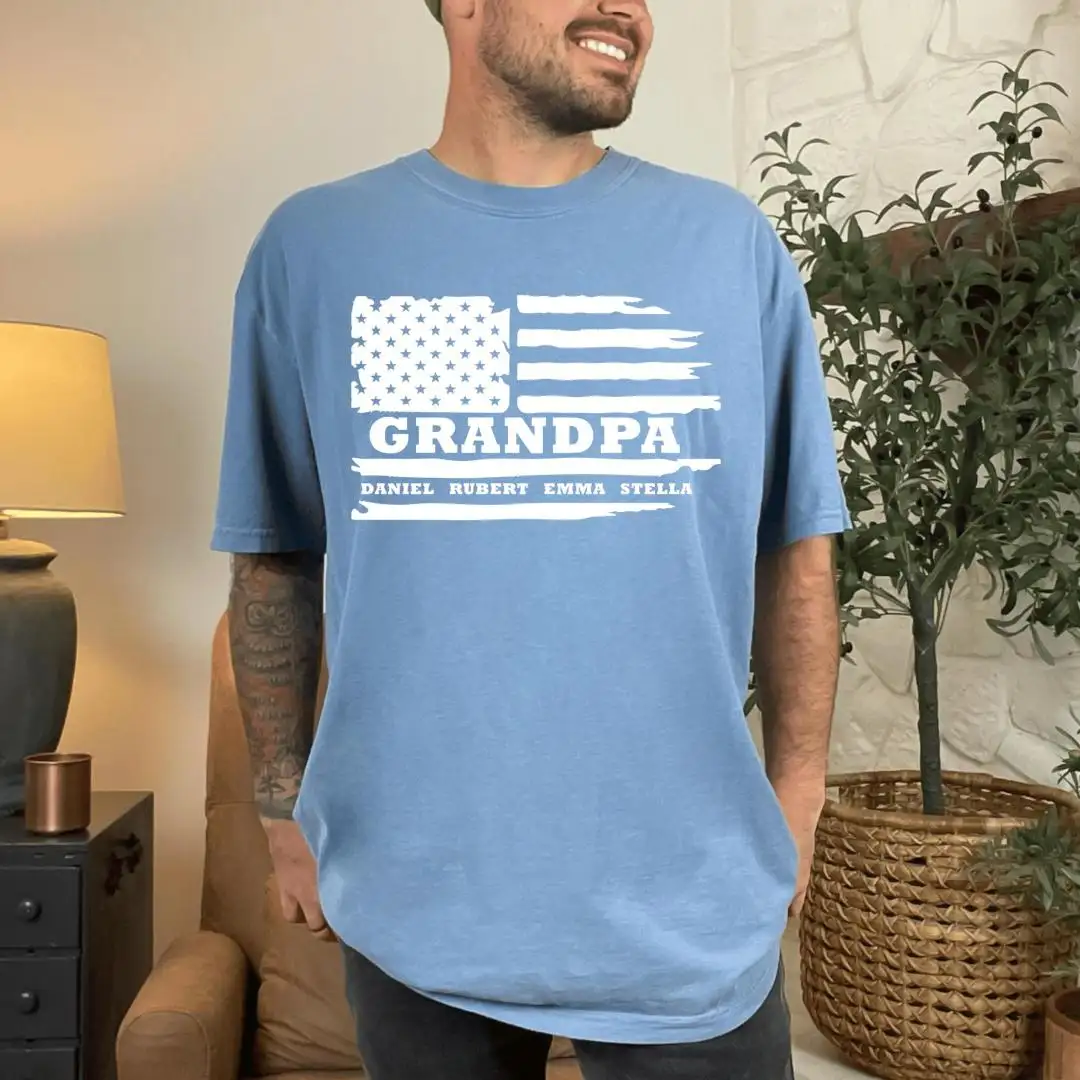 Personalized USA Flag Grandpa Shirt with Grandkids Names