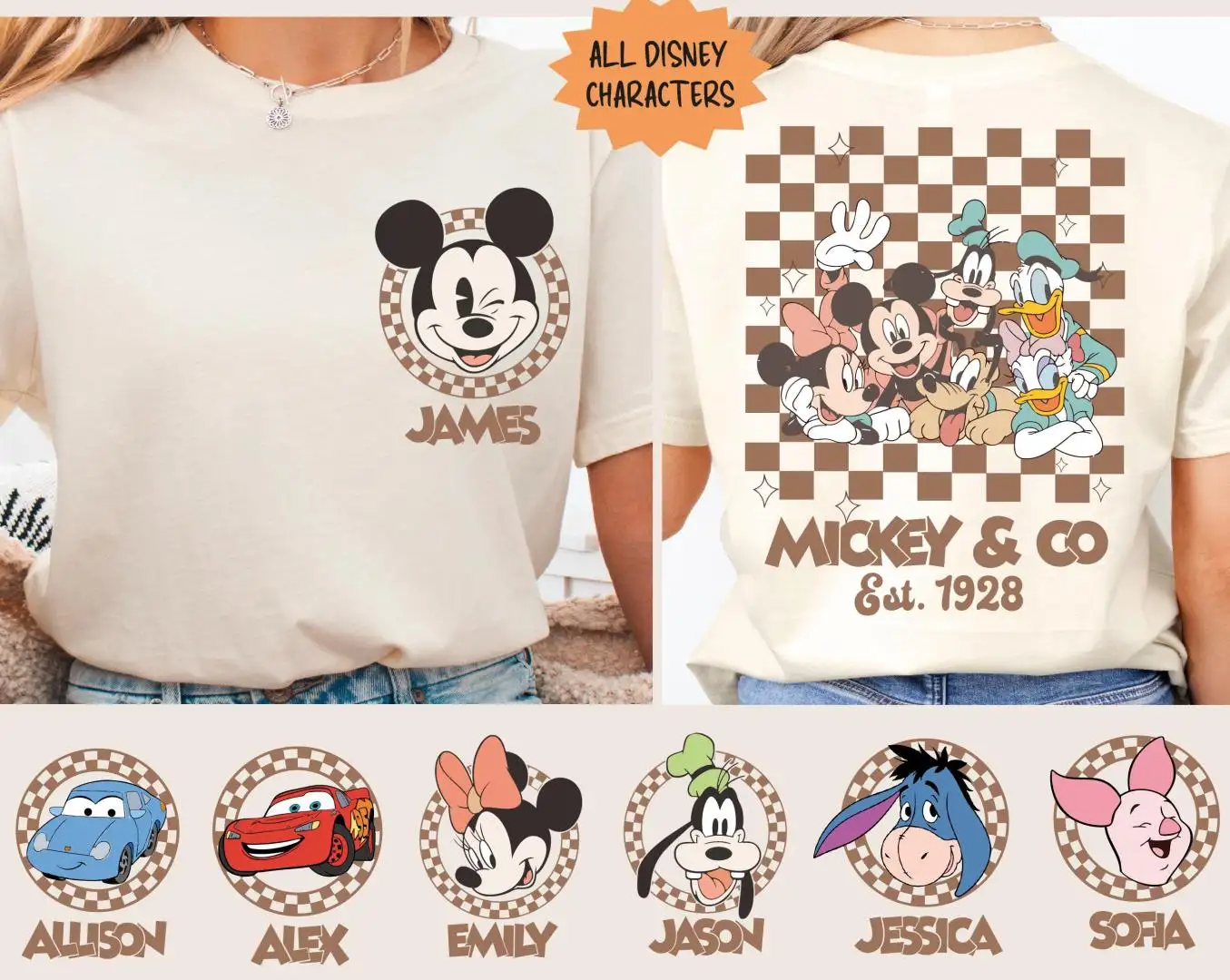 Custom Disney Character Retro Checkered Shirt for Family