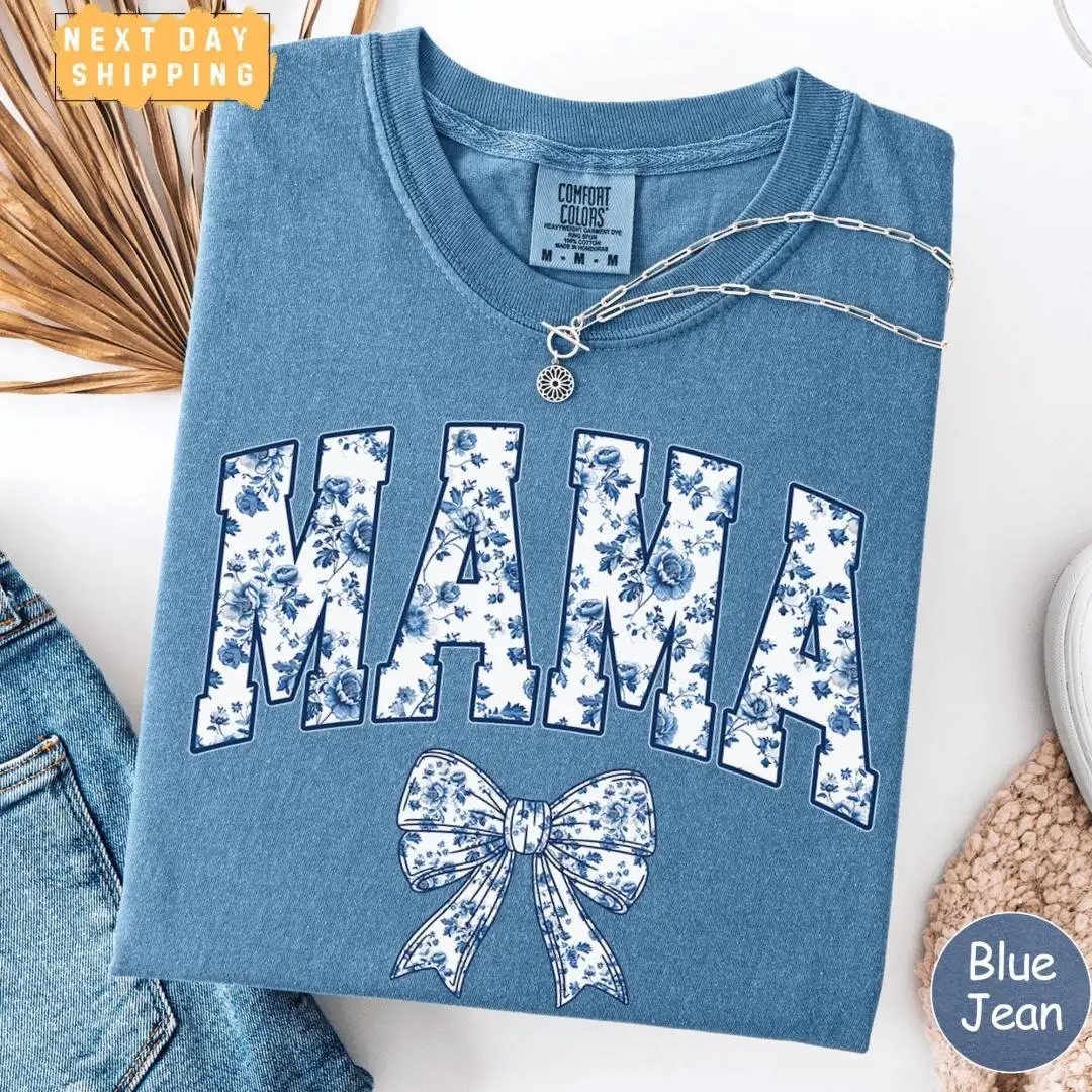 Chinoiserie Aesthetic Mom Shirt with Blue Ribbon Bow