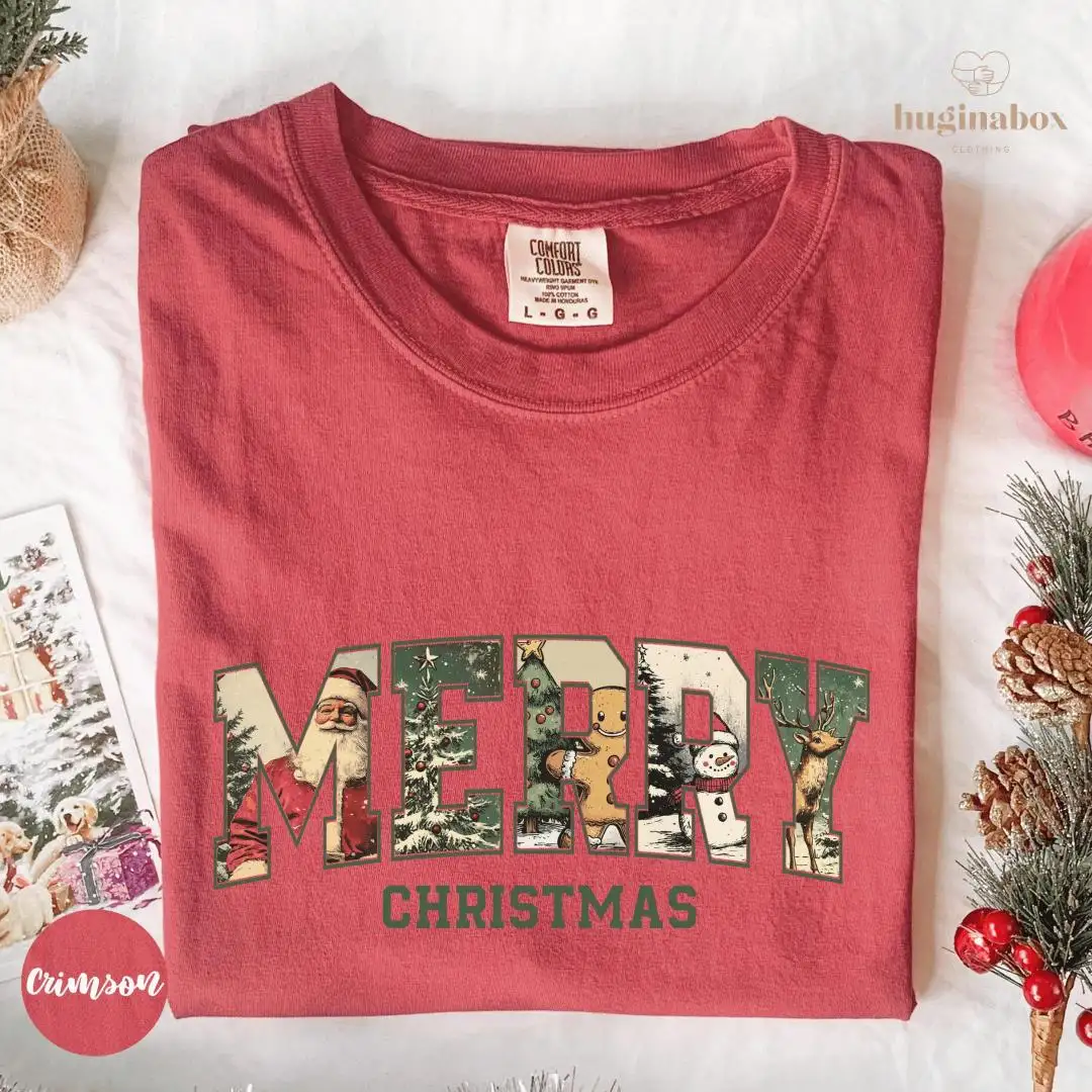 Vintage Christmas Shirt with Santa Tree Gingerbread Snowman