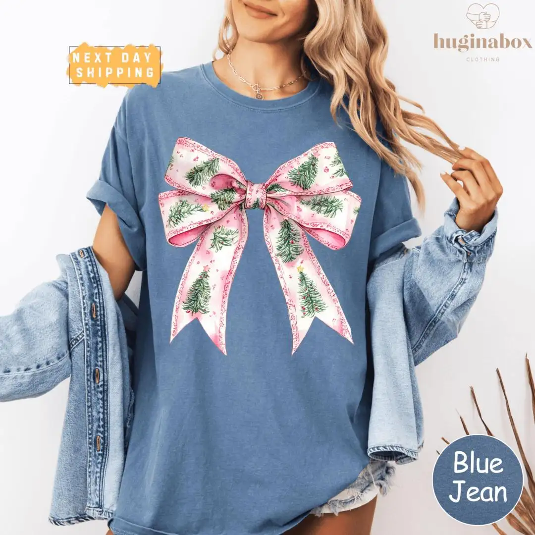 Christmas Bow Holiday Shirt with Watercolor Tree Graphic