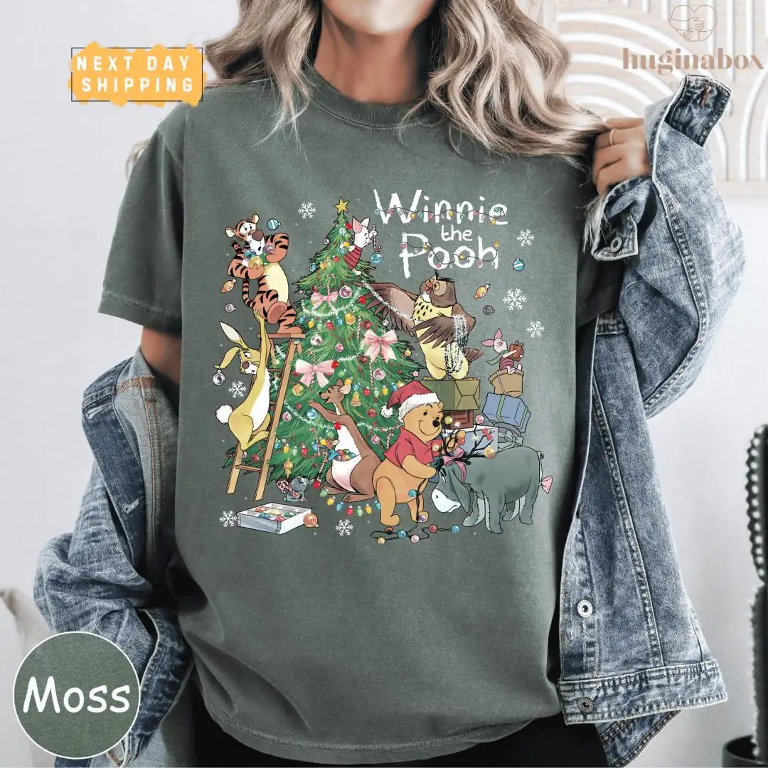 Kids Christmas Shirt with Holiday Forest Friends Bear Decorating Tree