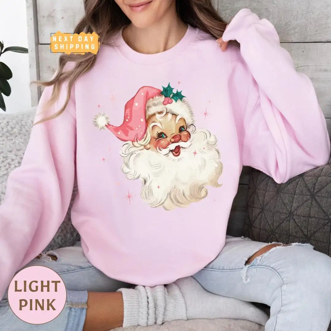 Vintage Pink Santa Christmas Shirt for Women