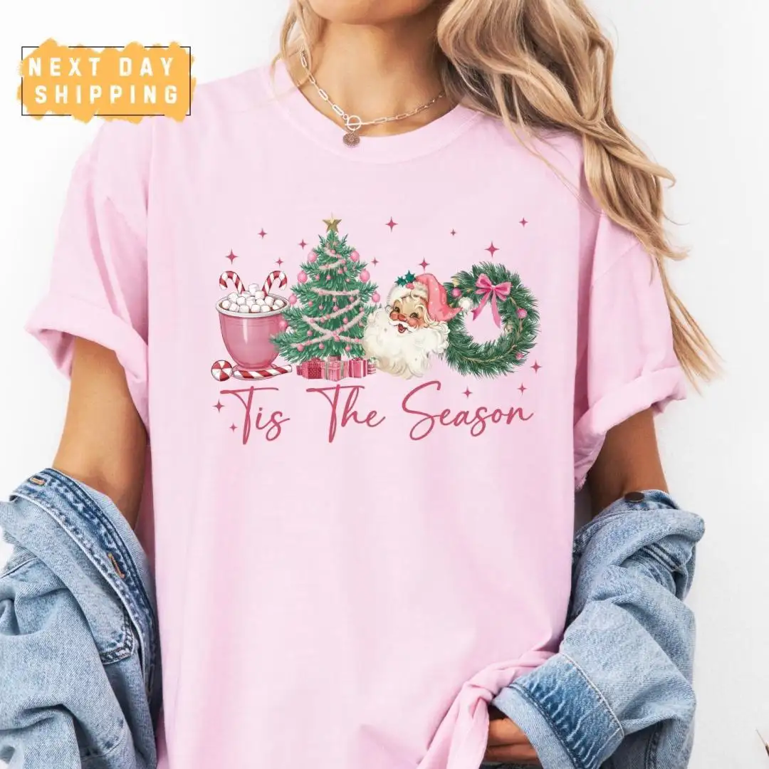 Retro Christmas Shirt for Her with Pink Santa Bow