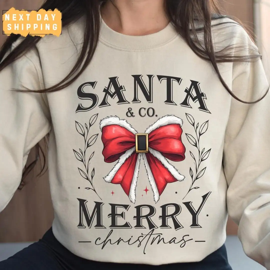 Christmas Santa Crewneck Shirt with Festive Red Bow