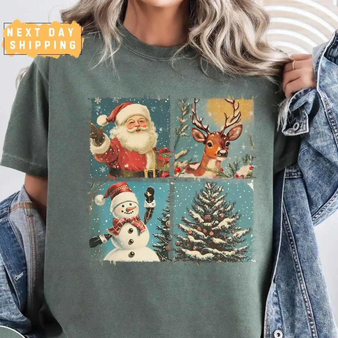 Vintage Christmas Shirt for Women with Santa Snowman Deer