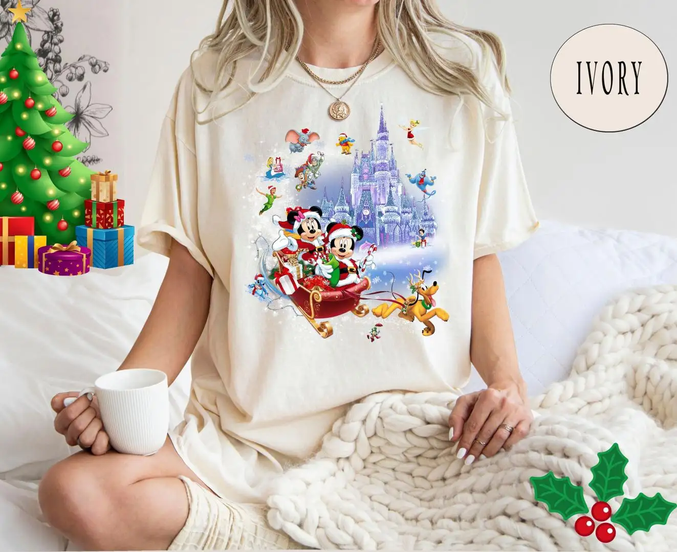 Disney Christmas Shirt with Minnie Mickey Pluto Sleigh Rides
