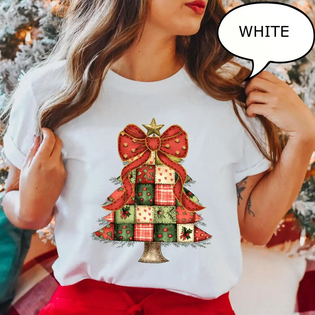 Retro Christmas Tree Shirt with Coquette Bow