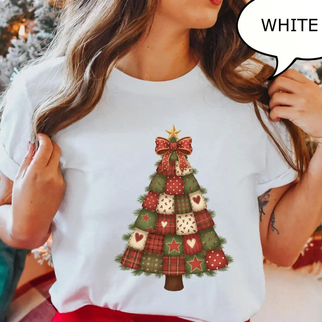 Retro Christmas Tree Shirt for Women with Coquette Bow
