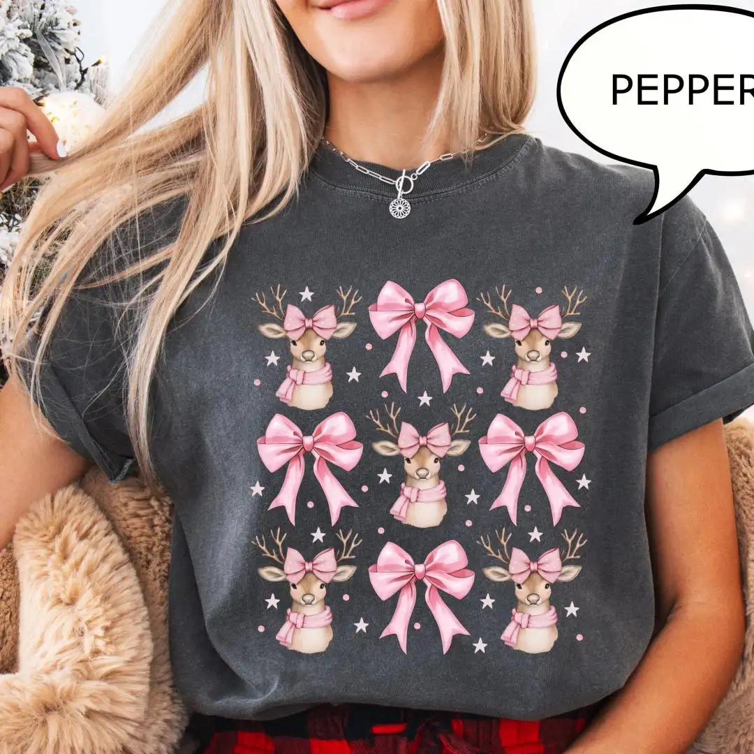 Coquette Pink Bow Reindeer Christmas Shirt for Women