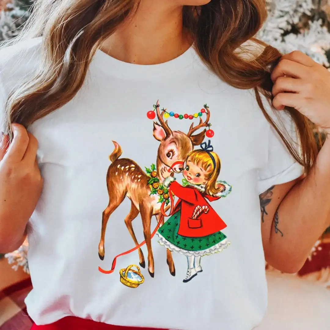Vintage Christmas Shirt for Girls with Reindeer