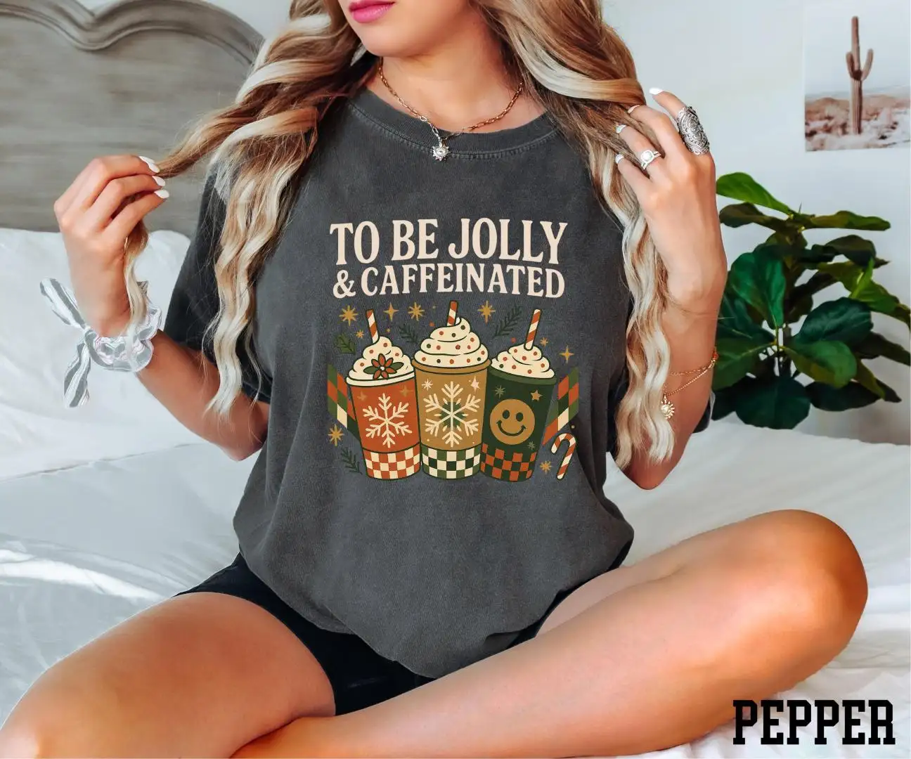 Comfort Colors® To Be Jolly and Caffeinated Shirt, Christmas Party Shirt, Xmas Holiday Gift, Christmas Coffee Shirt, Family Christmas Shirt