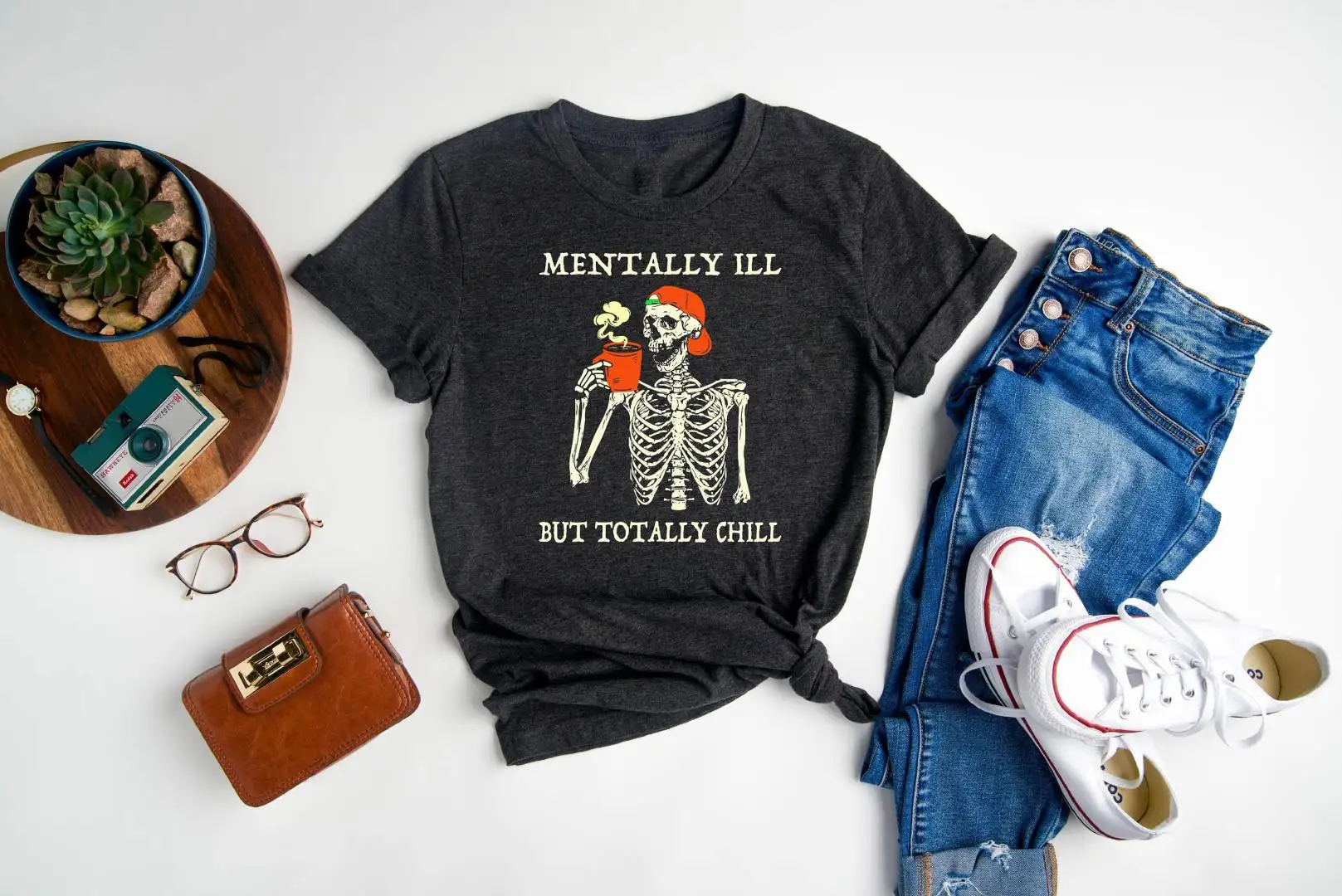 Funny Skeleton Shirt, Sarcastic Shirt, Mentally Ill But Totally Chill, Halloween T-Shirt, Halloween Skeleton Shirt, Halloween Gifts