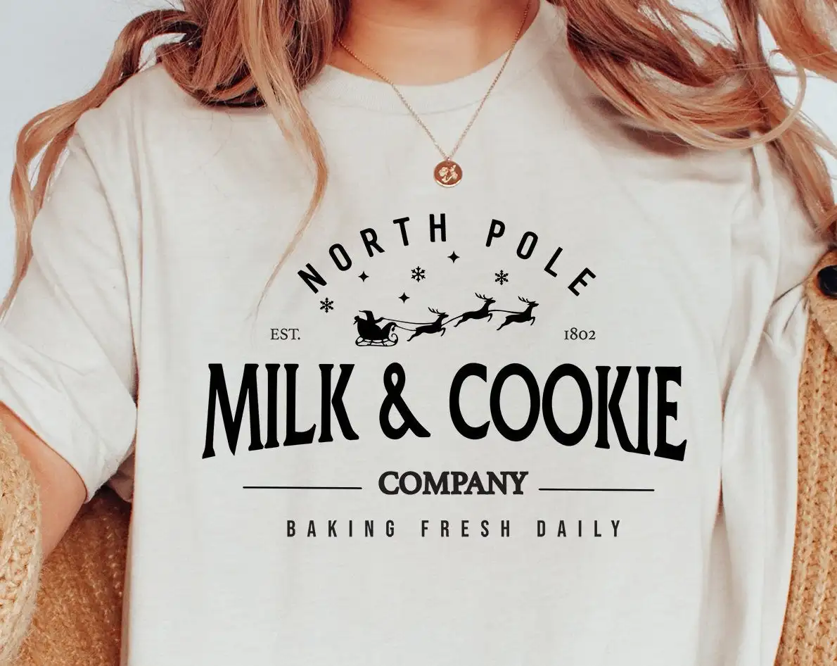 North Pole Milk and Cookie Company Shirt / Cute Christmas Sweater / Christmas Cookies Shirt / Santa and Reindeers / Christmas Baking Shirt