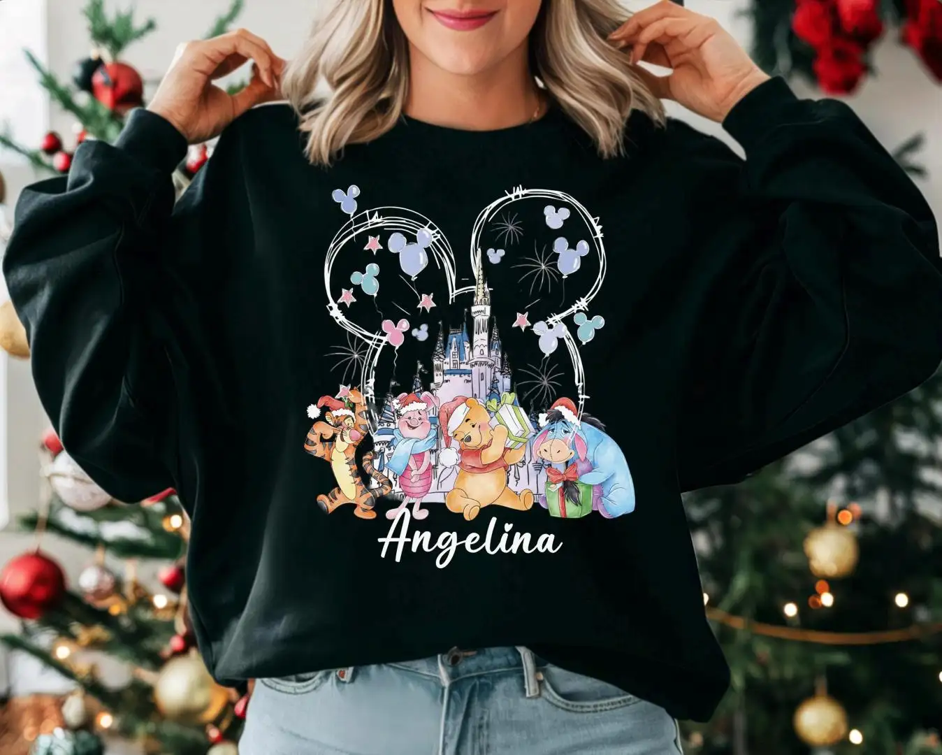 Custom Winnie the Pooh Christmas Sweatshirt, Disneyland Holiday Xmas Shirt, Magical Castle T-Shirt, Eeyore Tigger Piglet Pooh Xmas Tee