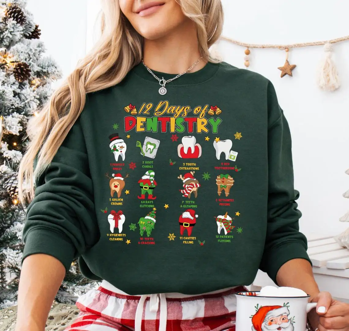 12 Days Of Dentistry Sweatshirt, Teeth Santa Shirt, Dental Xmas Squad 2025 Tee, Christmas Dental Lights T-Shirt, Save Teeth Xmas Shirt
