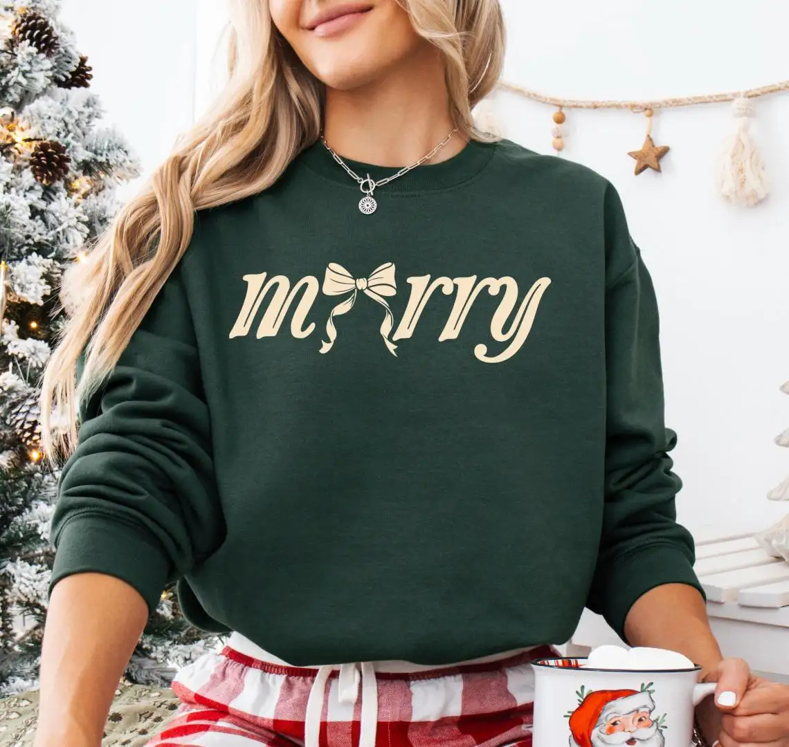 Merry Coquette Sweatshirt, Cute Merry Christmas Tee, Christmas Bow T-shirt For Women, Family Christmas Winter Holiday 2025 T-Shirt