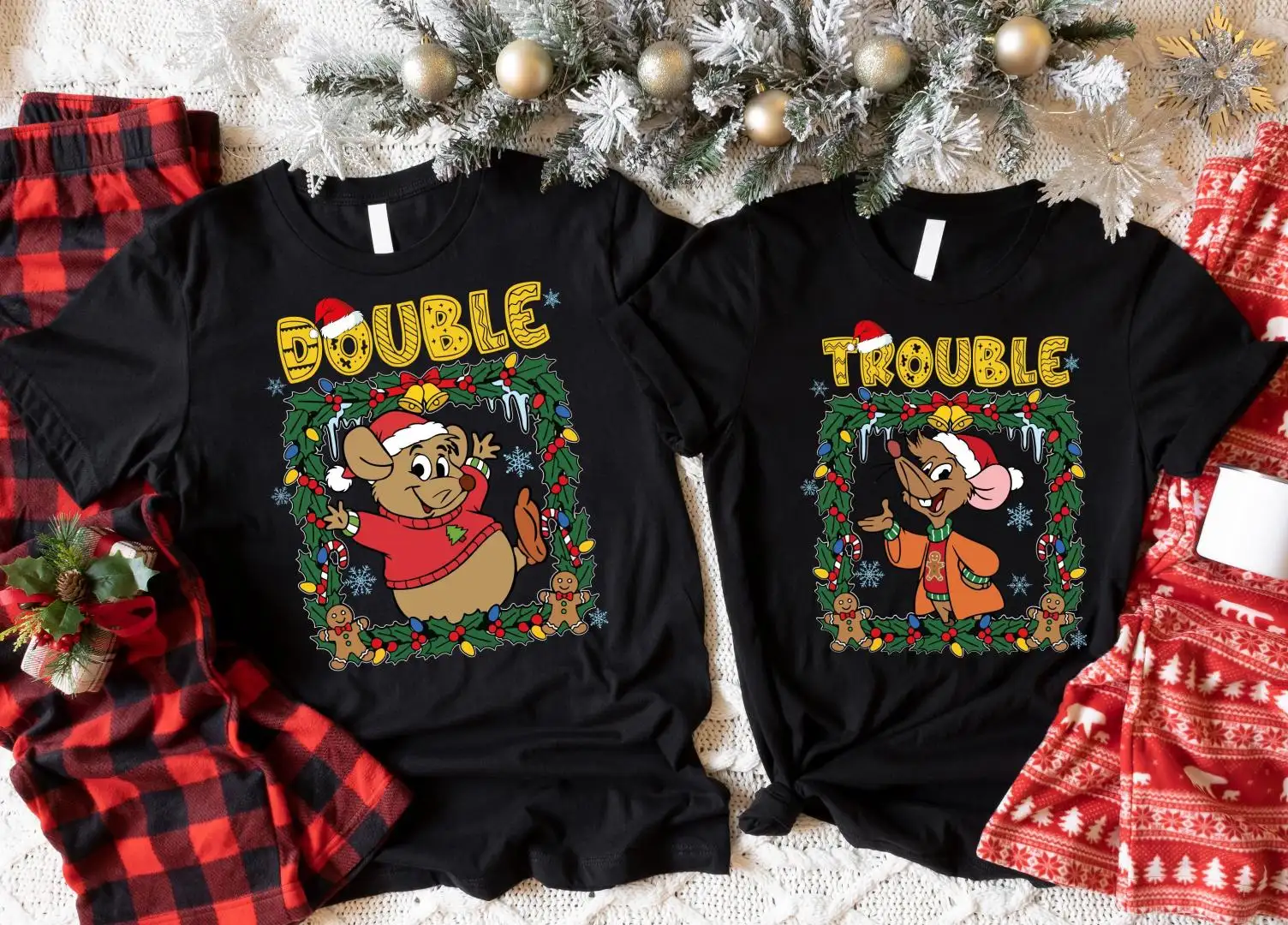 Double Trouble Christmas Shirt, Santa Jaq and Gus Gus Xmas Couple T-shirt, Disney Family Matching Tee, Disneyland Christmas Trip Sweatshirt