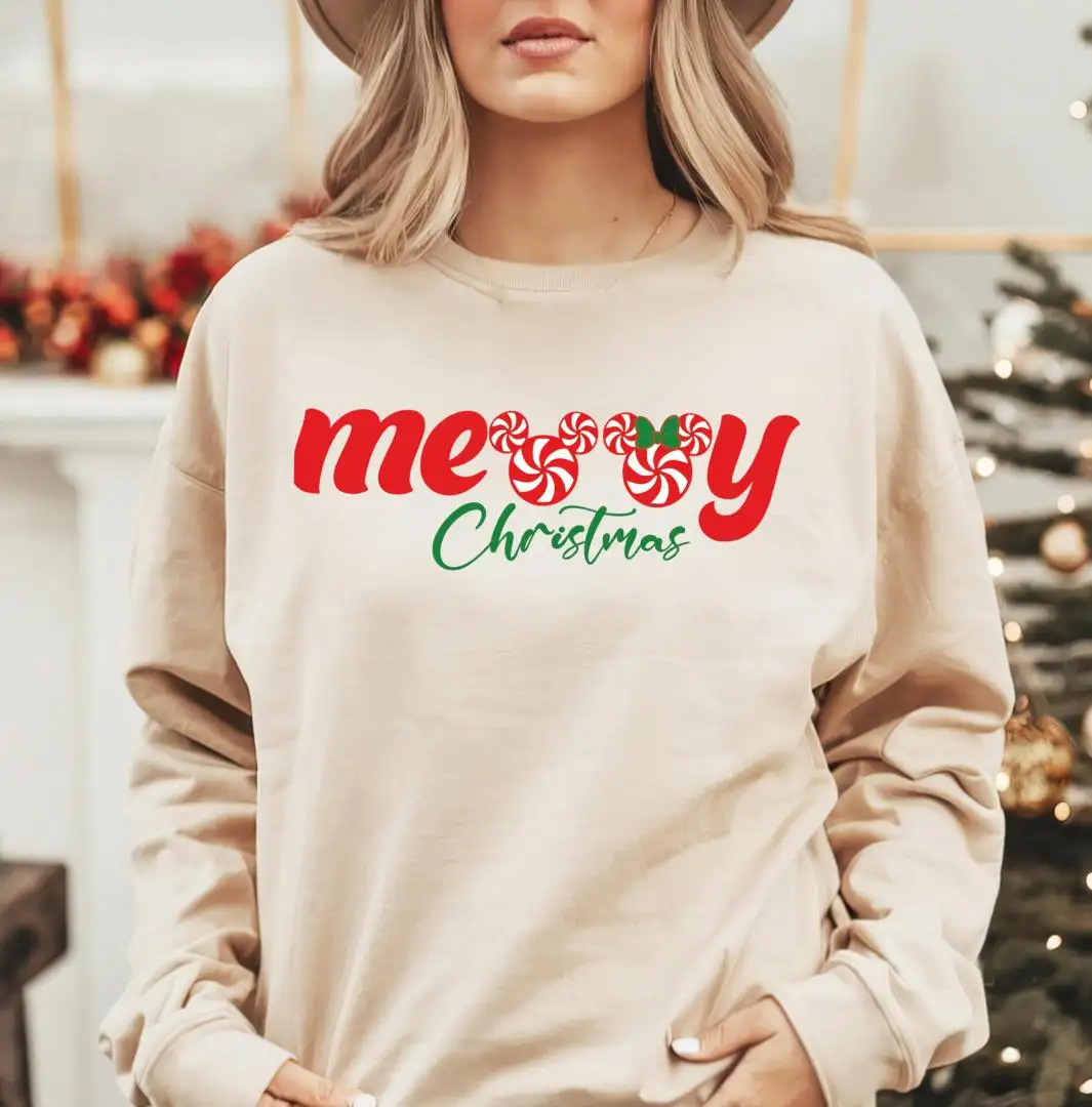 Merry Christmas Sweatshirt, Disney Christmas Candy T-shirt for Women, Mickey Cute Merry Christmas Tee, Winter Holiday 2025 T-Shirt