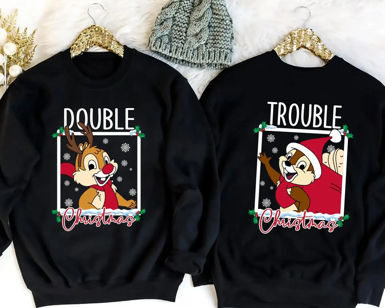 Double Trouble Chip and Dale Christmas Shirt, Disneyland Chip Xmas Tee, Disney Chip and Dale Santa Hat Tee, Disney Couple Matching Xmas Tee