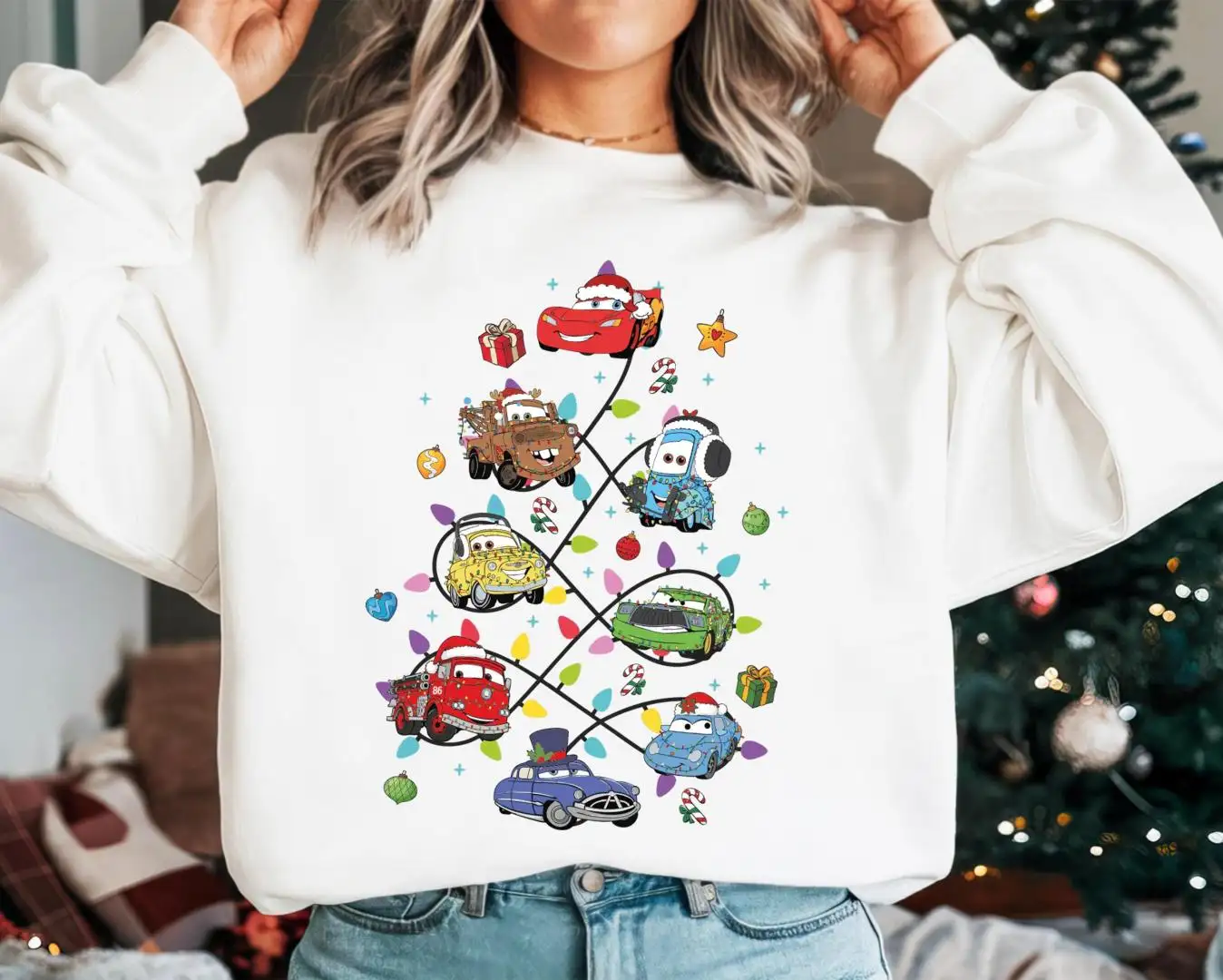 Disney Cars Christmas Sweatshirt, Christmas Cars Santa Hat T-Shirt, Pixar Cars Christmas Tree Tee, Lightning McQueen Christmas Shirt