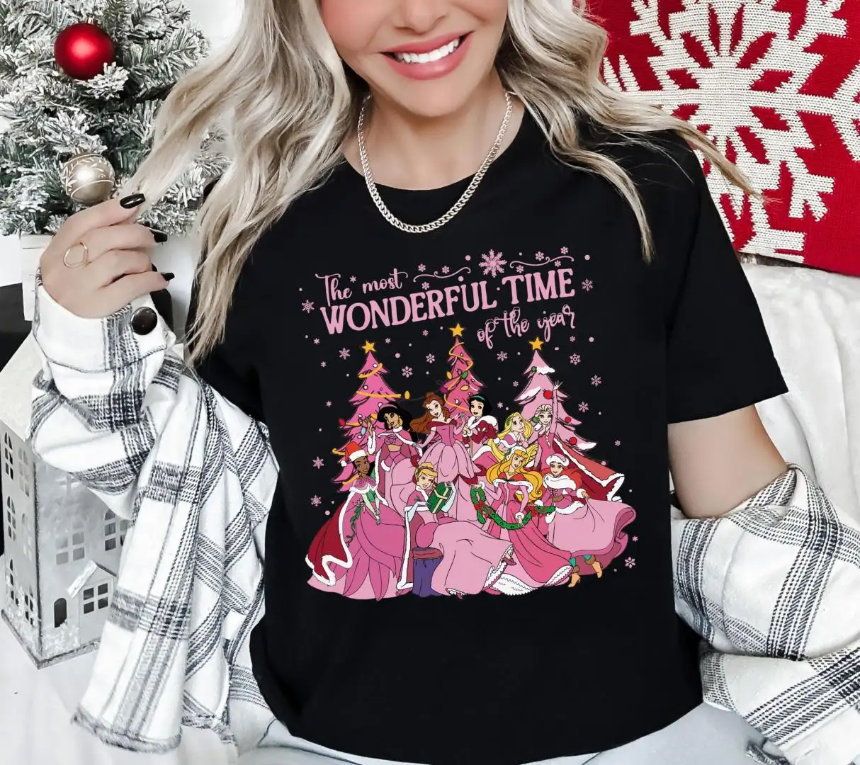 Pink Princess Christmas Shirt, The Most Wonderful Time Tee, Girls Trip Xmas Sweater, Disney Princess Xmas T-Shirt, Cute Disney Holiday Tee