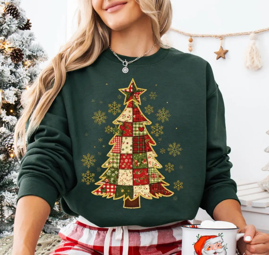 Patchwork Christmas Tree Sweatshirt, Xmas Winter Shirt, Holiday Party 2025 T-Shirt, Christmas Family Sweater, Retro Patchwork Tree Shirt
