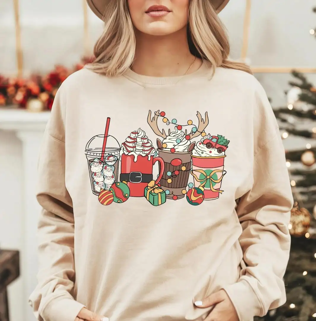 Christmas Coffee Cups Sweatshirt, Winter Holiday Sweater, Hot Drink Christmas Tee, Retro Santa Reindeer Mug Shirt, Coffee Lover Xmas Gift