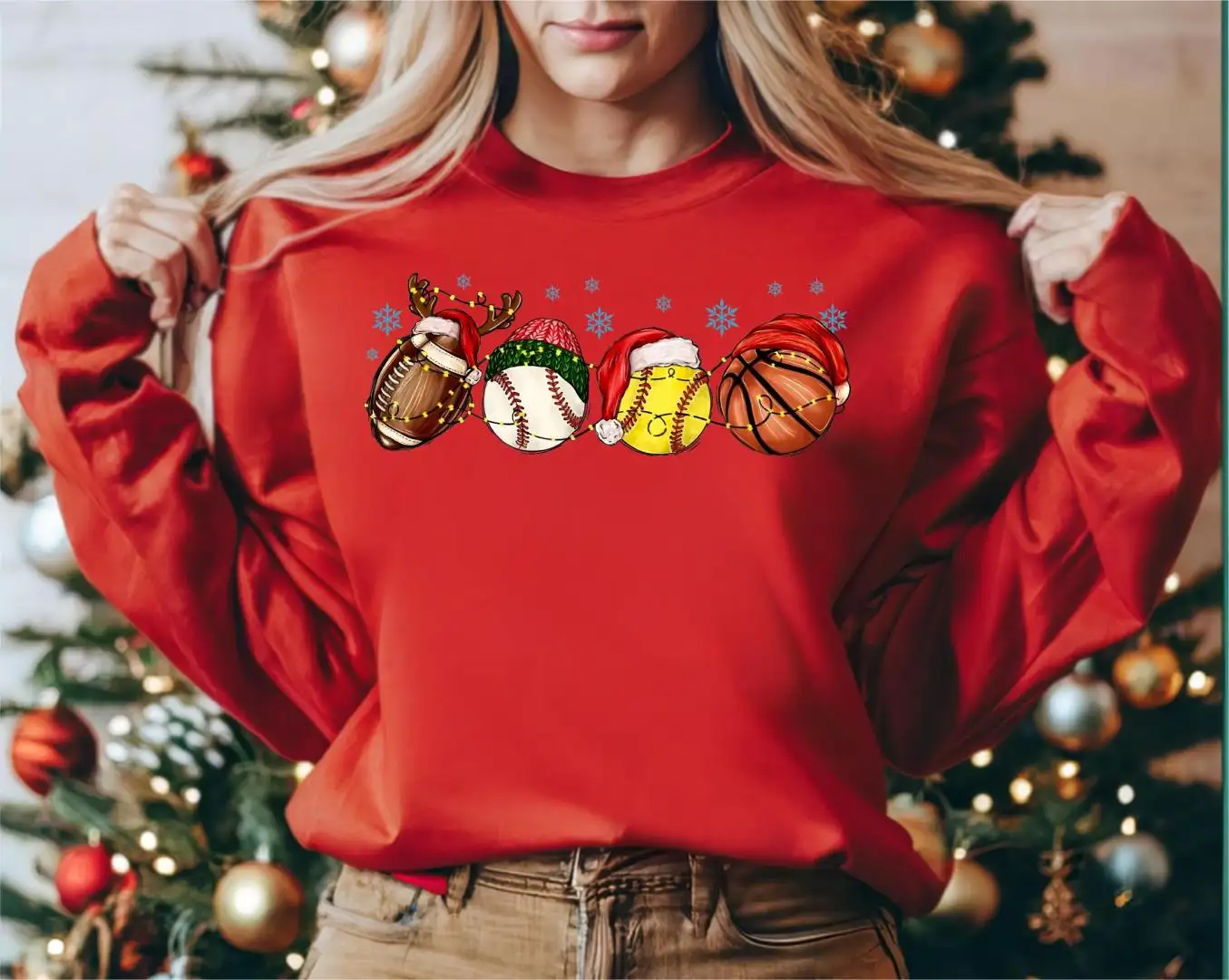 Sport Balls Christmas Lights Shirt, Sports Lover Xmas Tee, Christmas Sports Gift, Santa Football Baseball Basketball Christmas T-Shirt