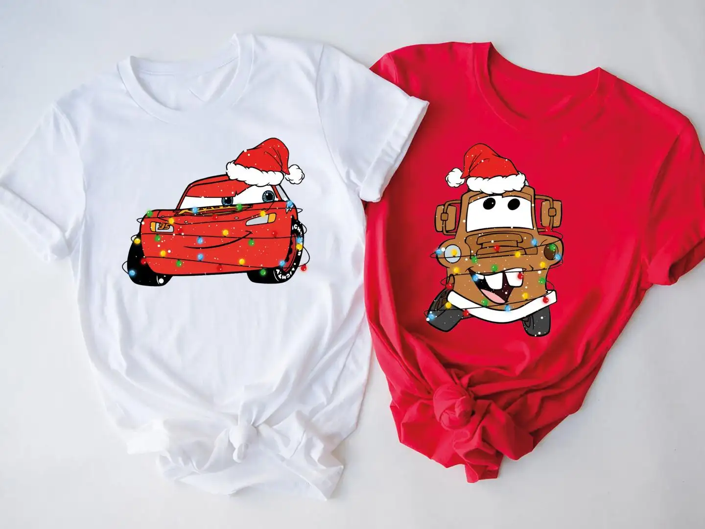 Disney Cars Xmas Shirt, Disney Couples Xmas Gift, Disneyland Holiday Vacation Party Tee, Lightning McQueen and Tow Mater Santa Hat Shirt