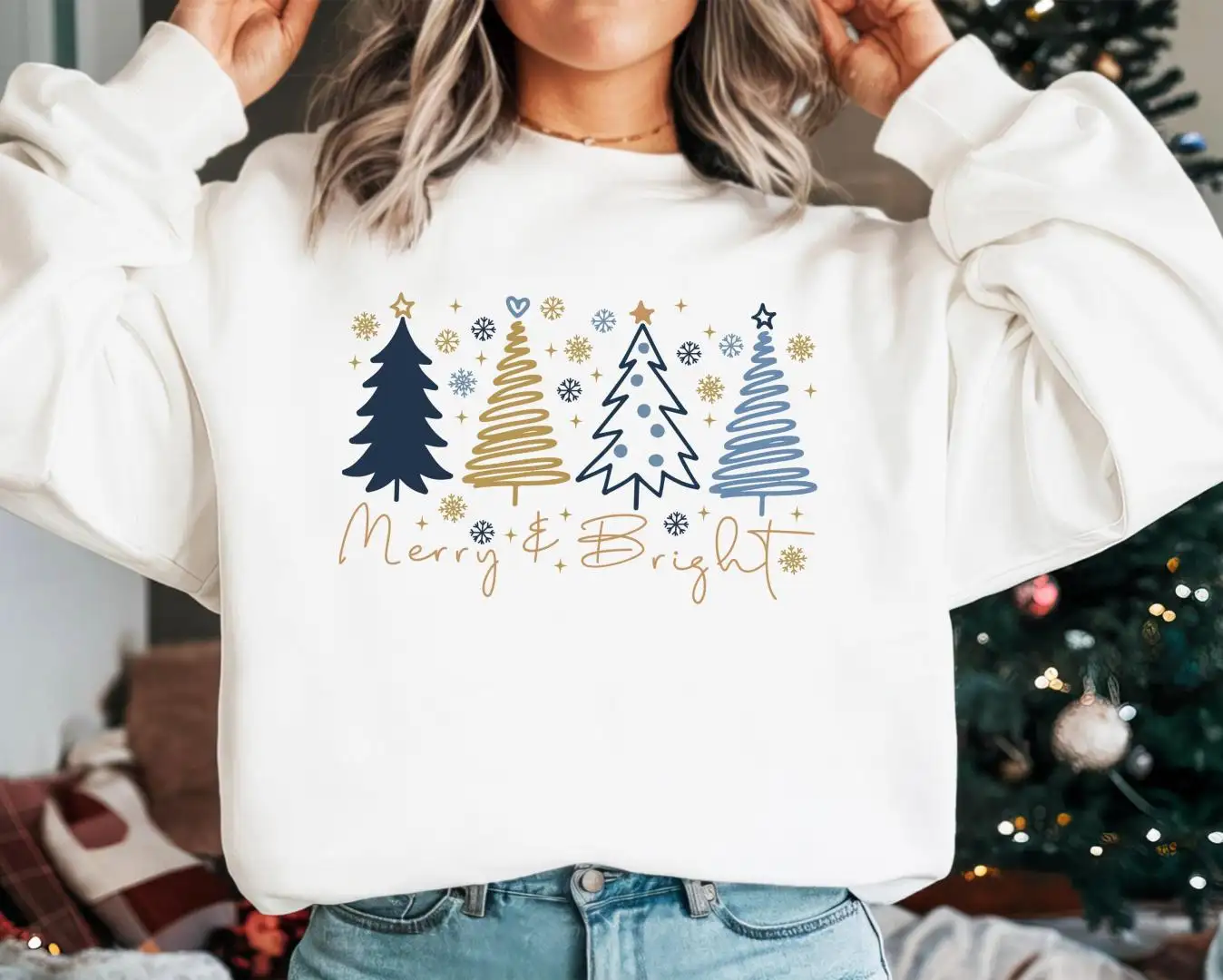 Merry and Bright Christmas Trees Sweatshirt, Family Xmas Party Tee, Winter Holiday T-Shirt, Blue Xmas Tree Shirt, Christmas Sweat for Women