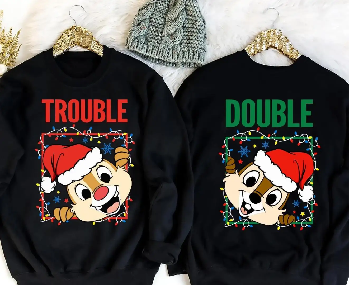 Double Trouble Christmas Shirt, Disney Matching Xmas Couple T-Shirt, Disneyland Xmas Trip Sweatshirt, Disney Chip n Dale Santa Shirt