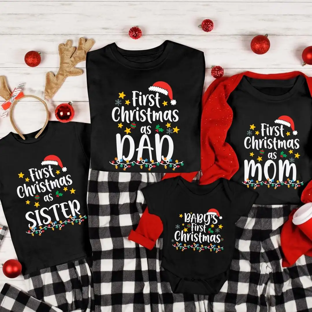 First Christmas Family Shirt, Custom 1st Christmas Sweatshirt, XMAS Mom Dad Gift, Christmas Matching Tee, Baby First Christmas Bodysuit
