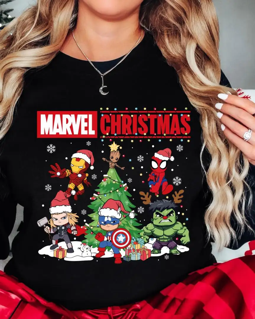 Marvel Christmas Shirt, Avengers Christmas Tee, Captain America Hulk Spiderman Christmas Group Trip Hoodie, Disney Superhero Xmas Sweatshirt
