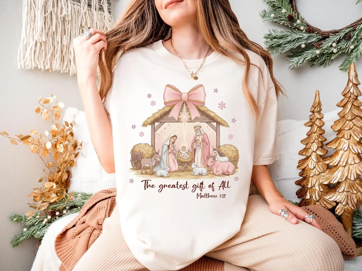 Christian Christmas Shirt with Nativity Scene Bible Verse