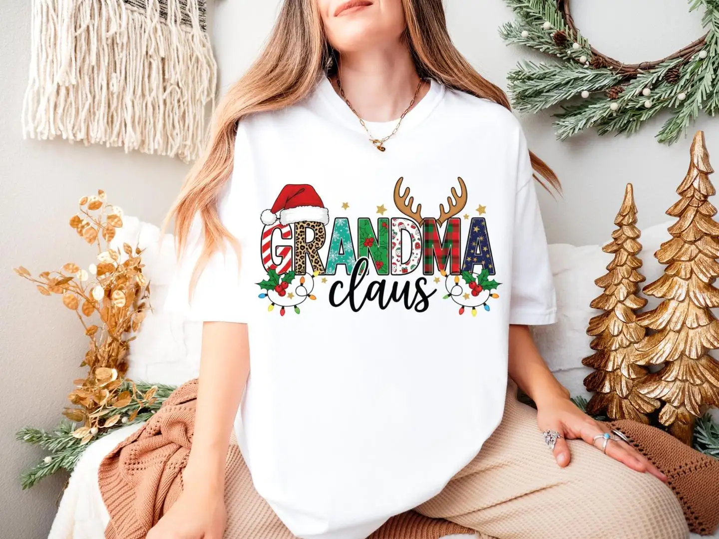 Christmas Grandma Claus Shirt, Family Matching Xmas Sweatshirt, Reindeer Nana Xmas Tee, Christmas Lights Mimi Holiday Gift
