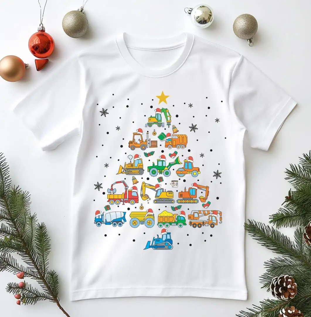 Boys Excavator Christmas Toddler Shirt, Construction Equipment Christmas Tree Sweatshirt, Truck Xmas Toddler Tee, Boys Christmas Party Gift
