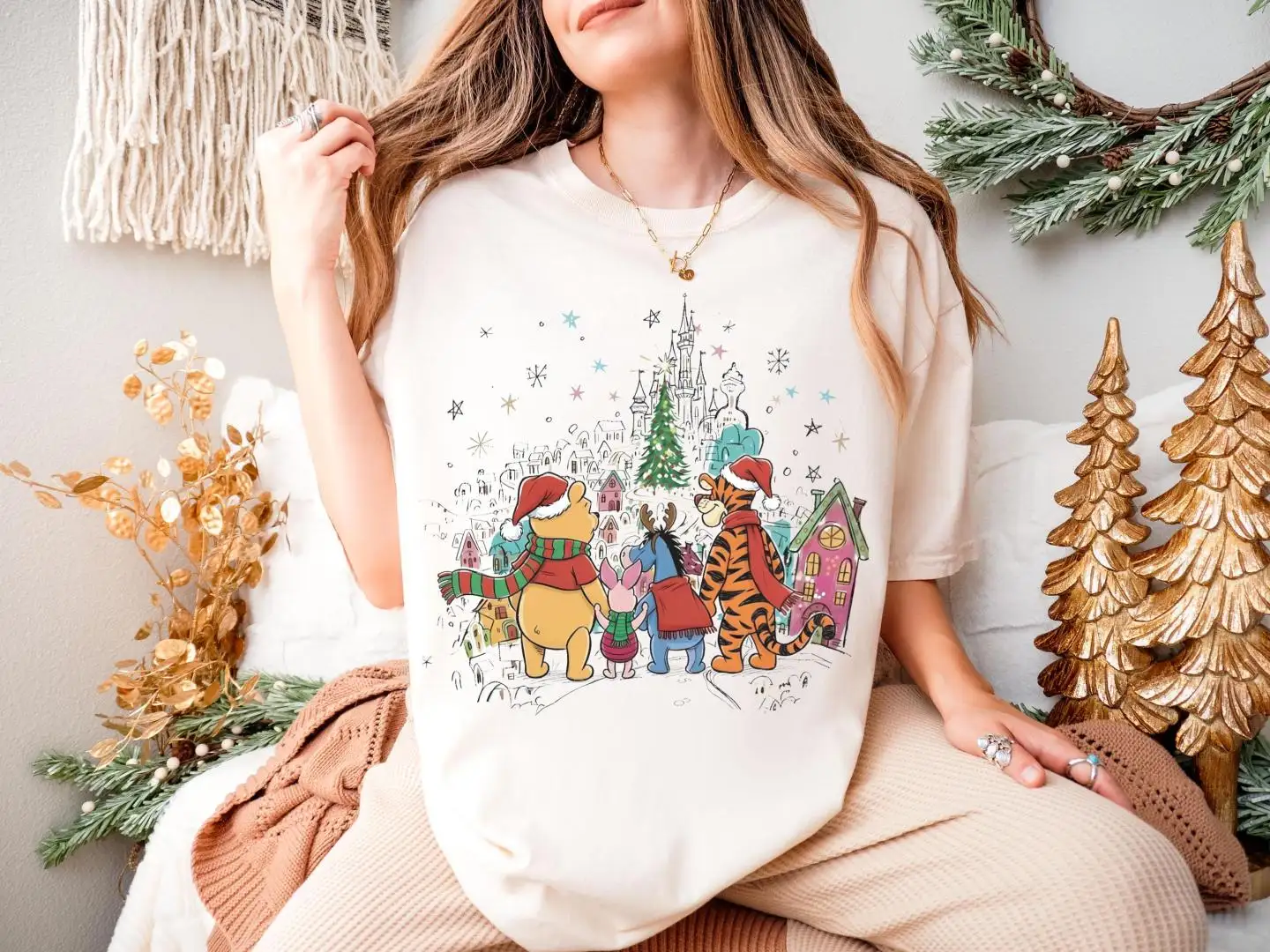 Vintage Winnie The Pooh & Friends Christmas Shirt, Eeyore Piglet Tigger Xmas Tee, Disney Winnie Xmas Sweatshirt, Disneyland Castle Xmas Tee