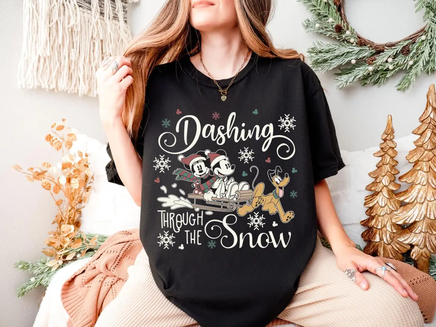 Dashing Through The Snow Mickey & Minnie Xmas Tee, Disney Christmas Sweatshirt, Goofy Xmas Winter Gift, Disneyland Holiday Couple Shirt