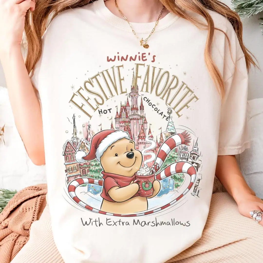 Disney Pooh Bear Christmas Shirt, Disneyland Pooh With Extra Marshmallows Xmas Drink Tee, Retro Winnie's Festive Favorite Hot Chocolate Tee
