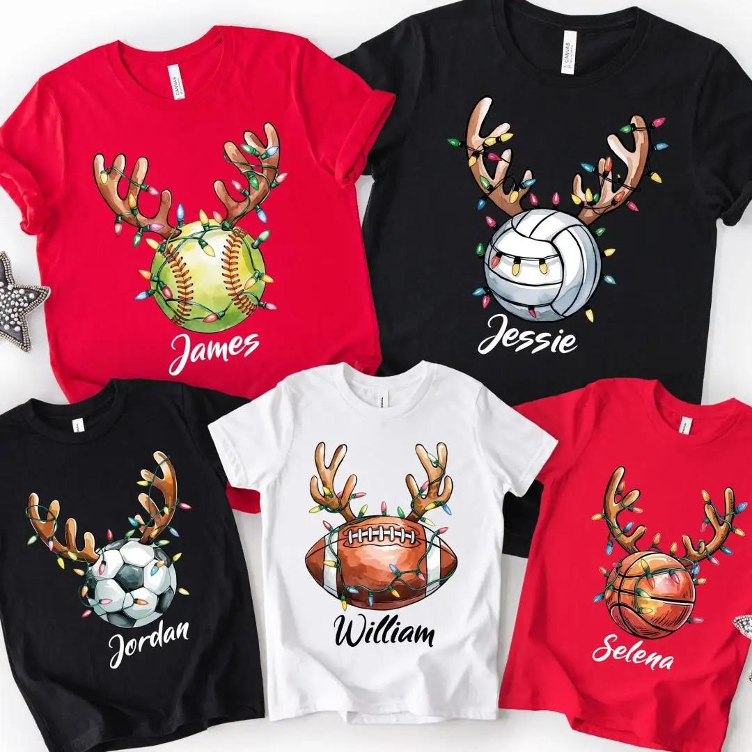 Custom Christmas Ball Shirt, Xmas Reindeer Ball Shirt, Xmas Basketball Player Tee, Sports Mom Xmas Tee, Reindeer Baseball Football Xmas Tee