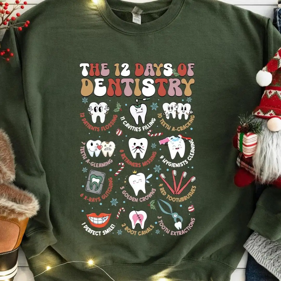 12 Days Of Dentistry Christmas Shirt, Dental Xmas Shirt, Christmas Teeth Tee, Teeth Funny Dentist Shirts, Dentist Stuff Christmas Sweatshirt
