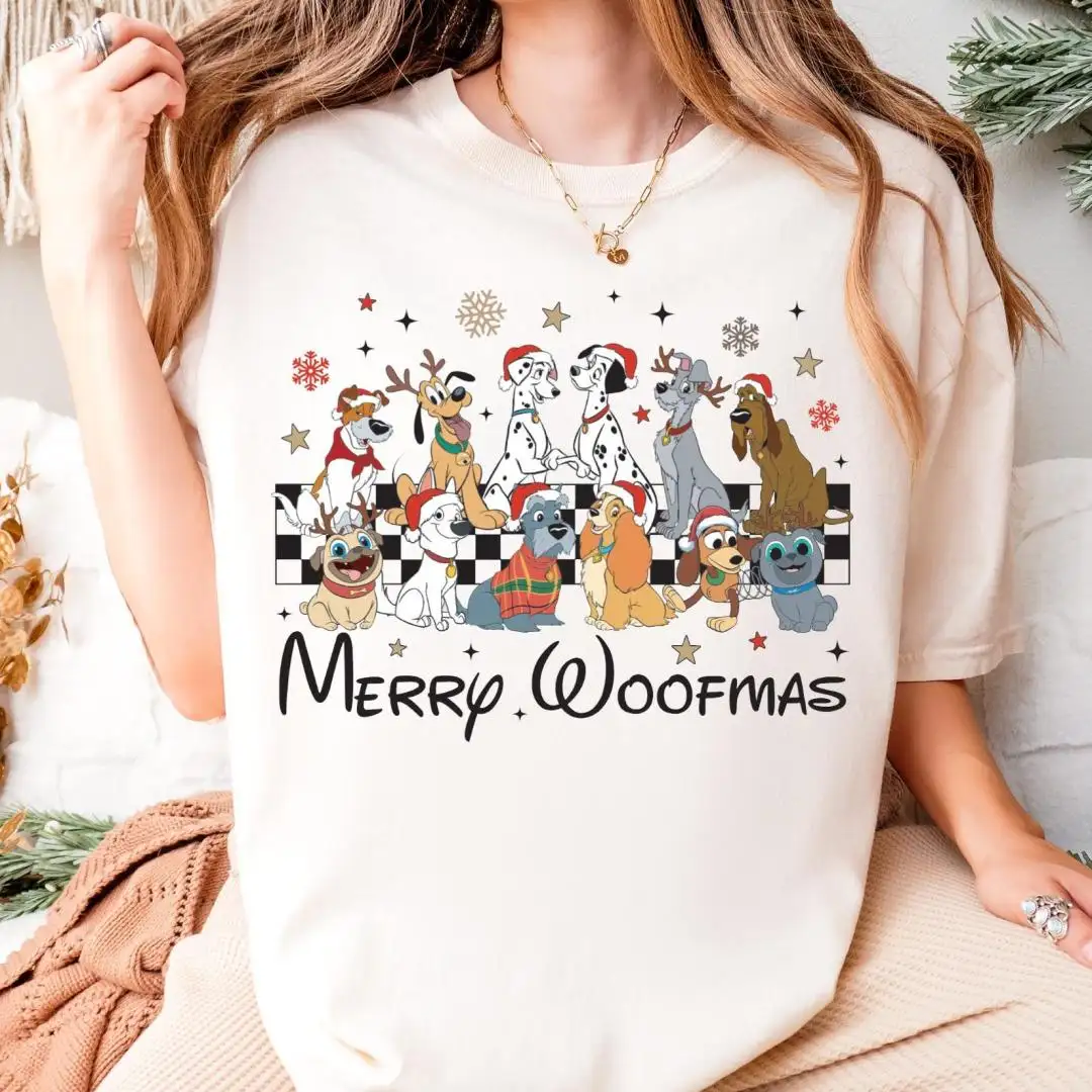 Disney Dogs Christmas Shirt, Pluto Slinky Dalmatians Lady Tramp Checkered Xmas Tee, Dog Lover Christmas Gift, Merry Woofmas Xmas Sweatshirt