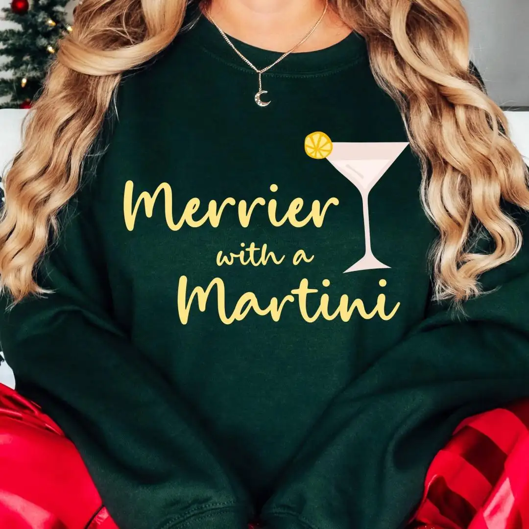 Merrier With A Martini Christmas Shirt, Xmas Spirits Holiday Gift, Festive Christmas Party Drink, Cocktail Xmas Tee, Xmas Drinking Party Tee