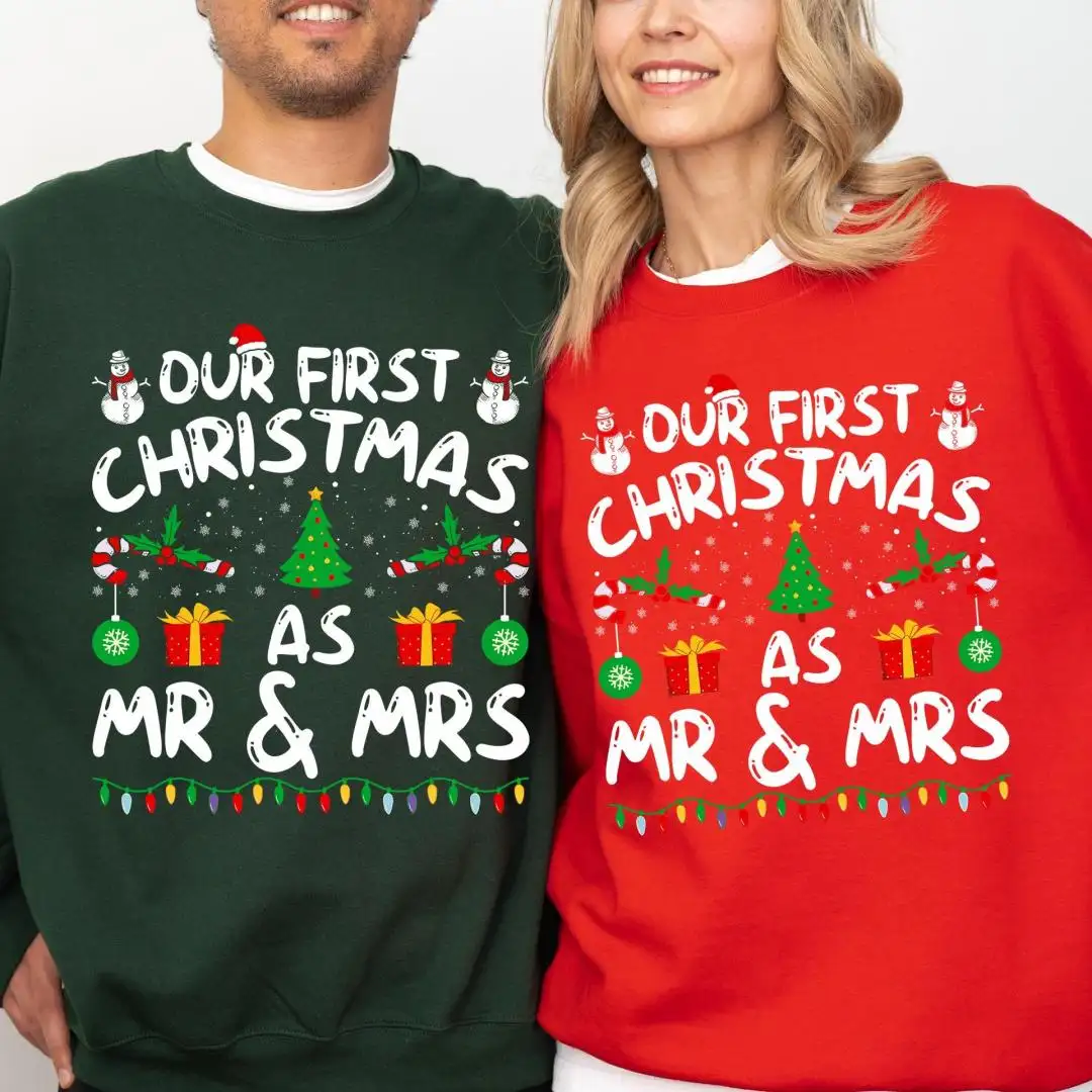 Our First Christmas Couple Tee, Wife Husband Christmas Gift, Mr Mrs Christmas T-shirt, Christmas Family Matching Sweatshirt