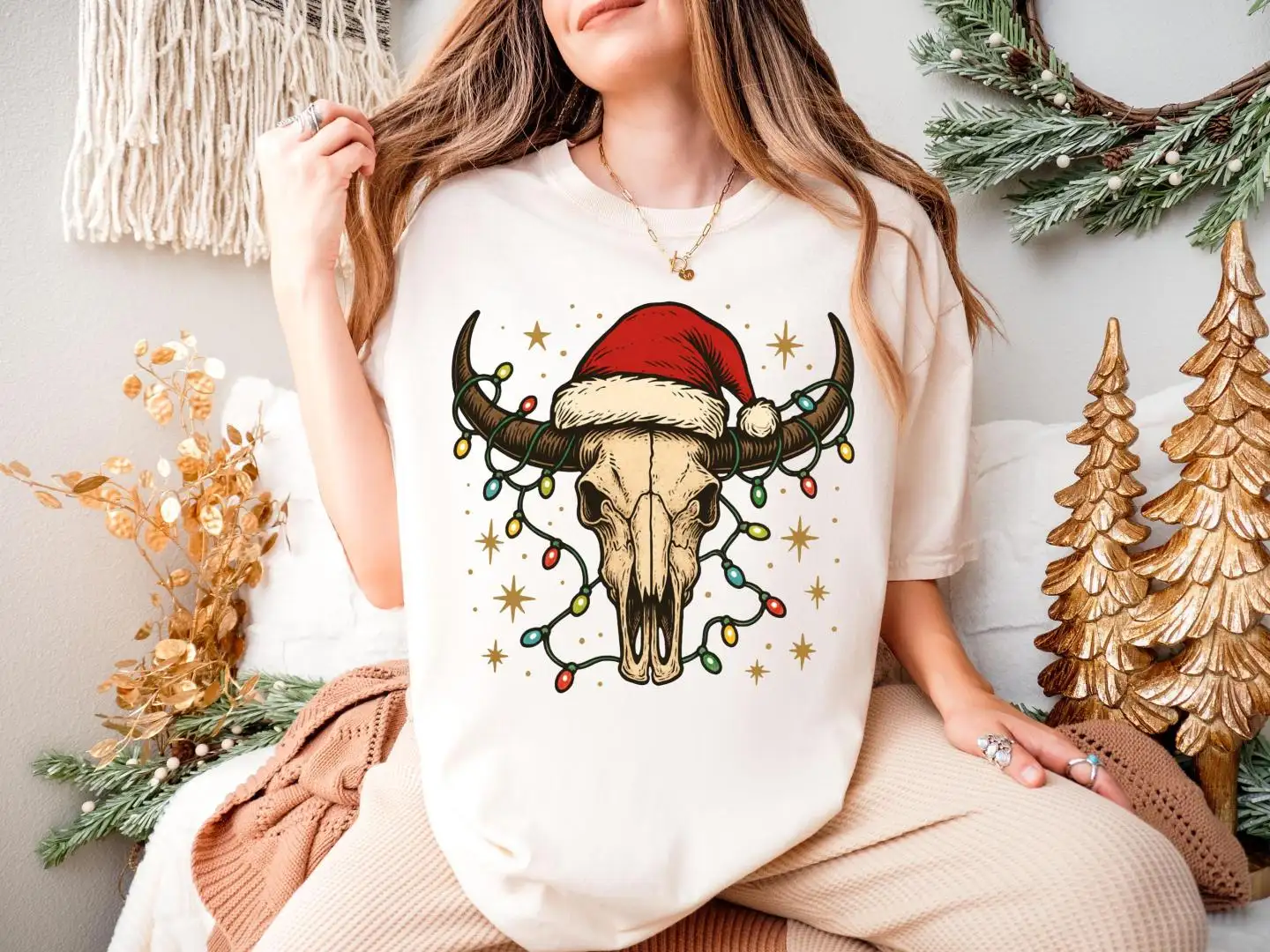 Christmas Cow Skull Shirt, Farmer Gift Cow Skull Christmas Hoodie, Reindeer Xmas Sweatshirt, Western Christmas Lights Cow T-Shirt