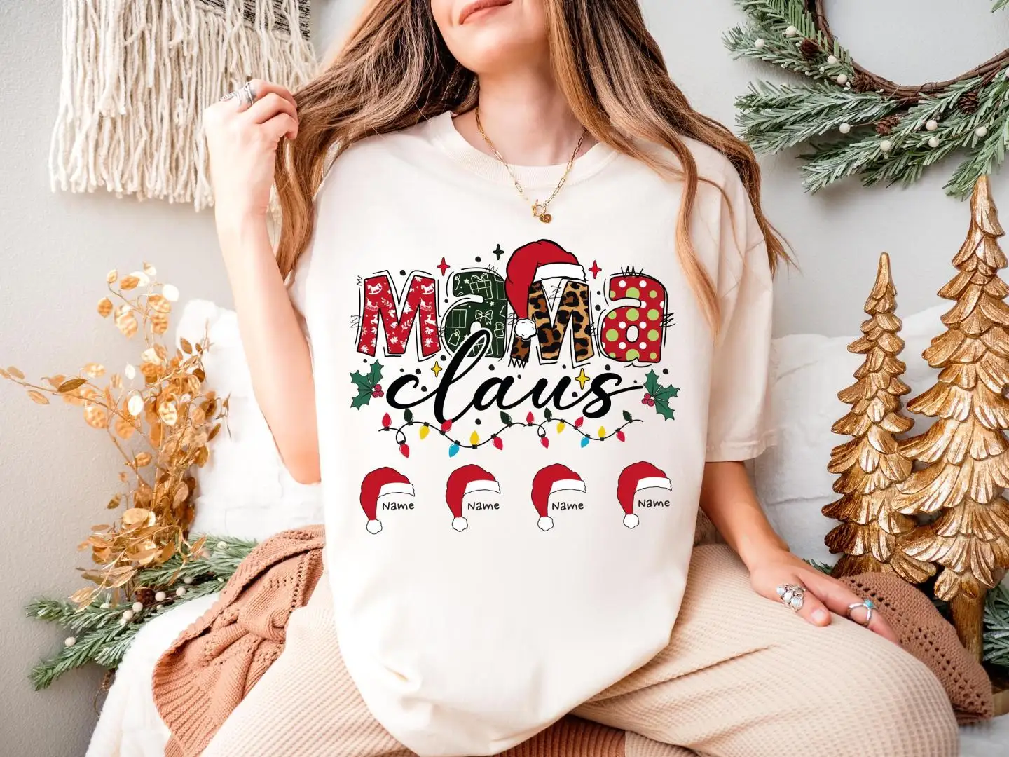 Custom Mama Claus Shirt, Very Merry Christmas 2025 Holiday Tee, Christmas Gift For Mama, Santa Hat Mama With Kids Names Sweatshirt