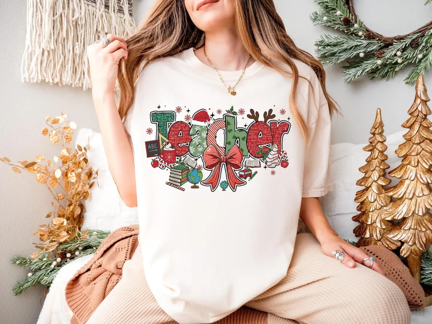 Coquette Bow Christmas Teacher Shirt, Xmas Holiday Teach Hoodie, First Grade Teacher Xmas Gift, Xmas Teacher Life Sweater, Xmas School Tee